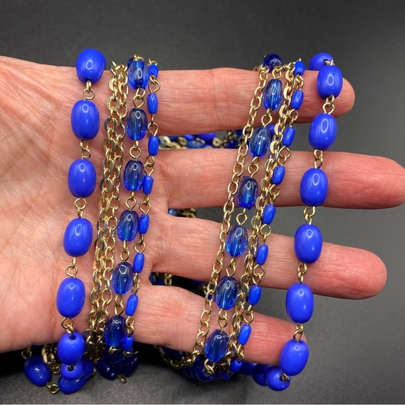 Cobalt Blue Acrylic Beads & Gold Chain Long Necklace - Picture 5 of 9